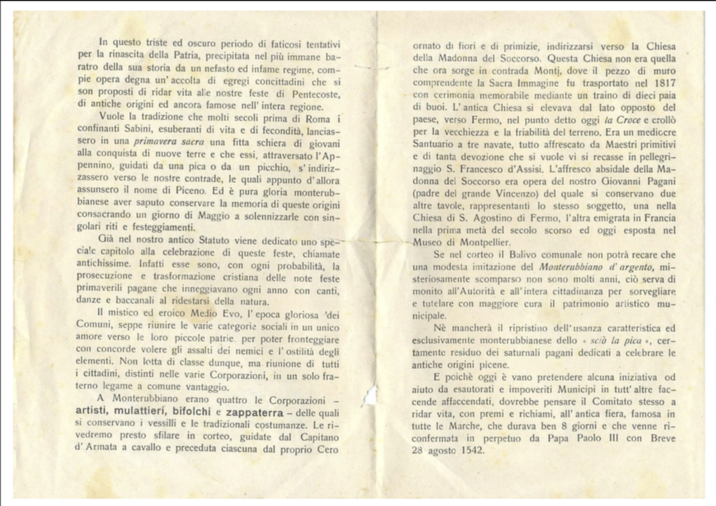 Foto di un documento del 1945 di LUigi Centanni che mette in chiaro la volontà dei cittadini di Monterubbiano di riportare alla luce la Tradizione de L'Armata di pentecoste