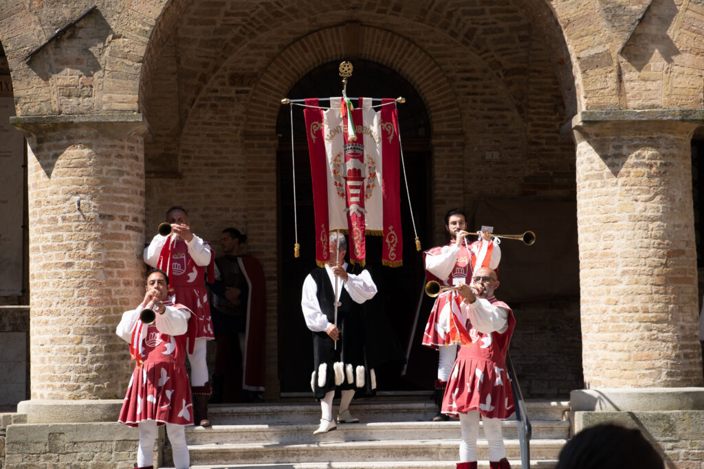 Immagine dello stendardo del Paese di Monterubbiano durante la rievocazione de L'Armata di Pentecoste